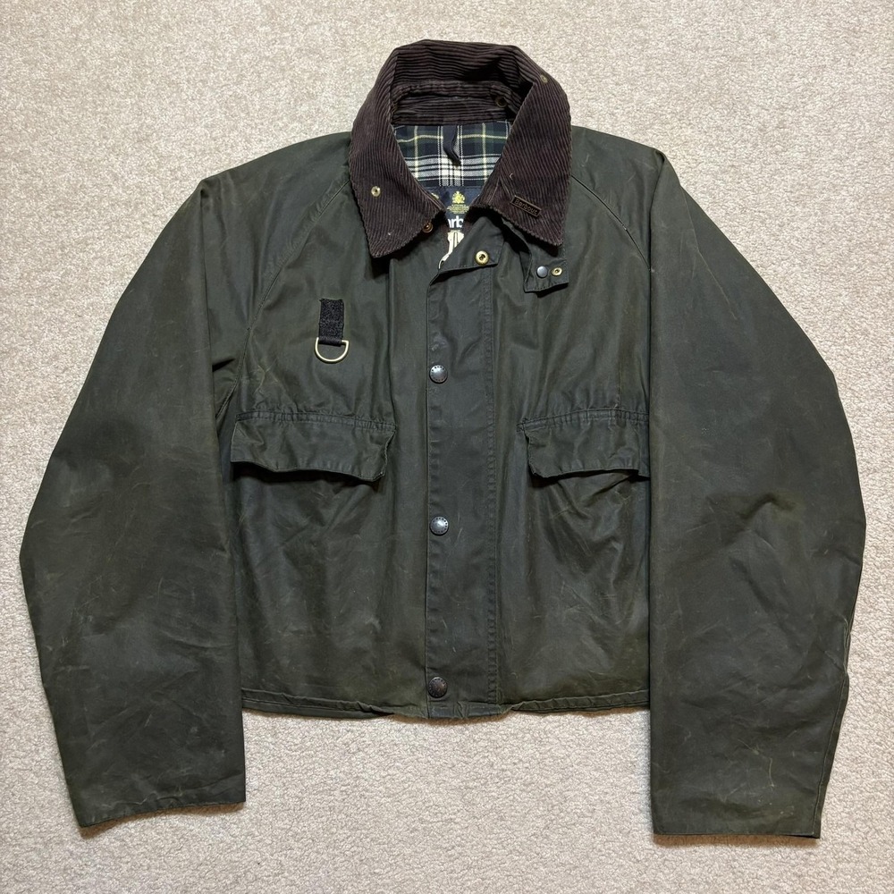 Vtg Barbour A130 Spey Jacket Mens Large Short Green Waxed Made England Hooded - Picture 3 of 16